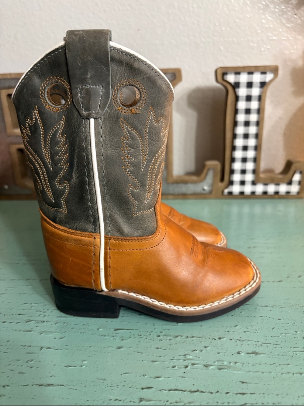 Kids Two-Tone Leather Western Boots - Brown & Gray